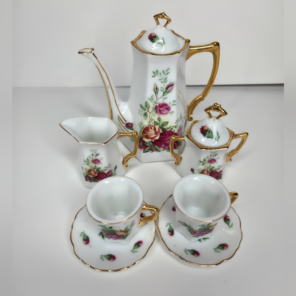 Miniature China Tea Set Porcelain White W Roses & Gold Trim Cute Toy